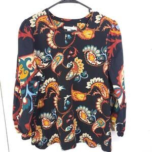 Chicos Top Womens Large Size 2 Dark Colorful Paisley Stretchy Elastic Sleeve Hem